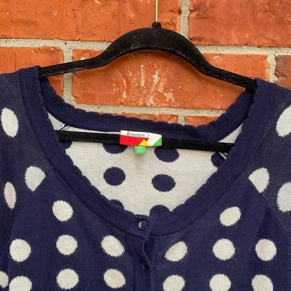 Fervour Womens 3X Navy Blue Polka Dot Scallop Trim Cardigan Sweater - Picture 2 of 8